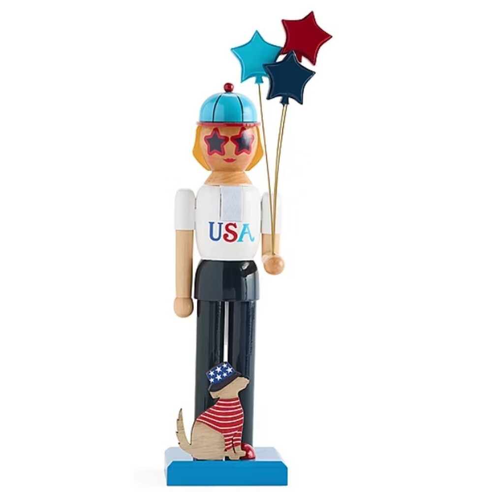 Wooden Nutcracker,14", PATRIOTIC,JULY 4, FEMALE & DOG, USA FLAG BALLOONS 744a,NP